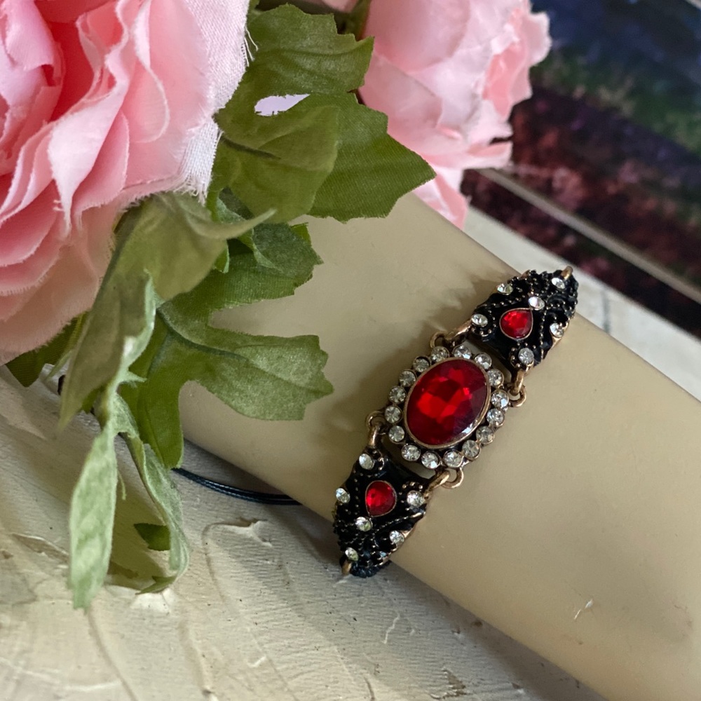 Ruby Red Crystal Rhinestone Bracelet Victorian - Picture 3 of 7